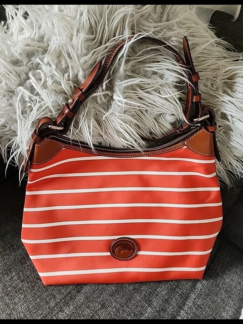 Dooney & Bourke Erica Orange and White Striped Shoulder Bag with Brown Trim